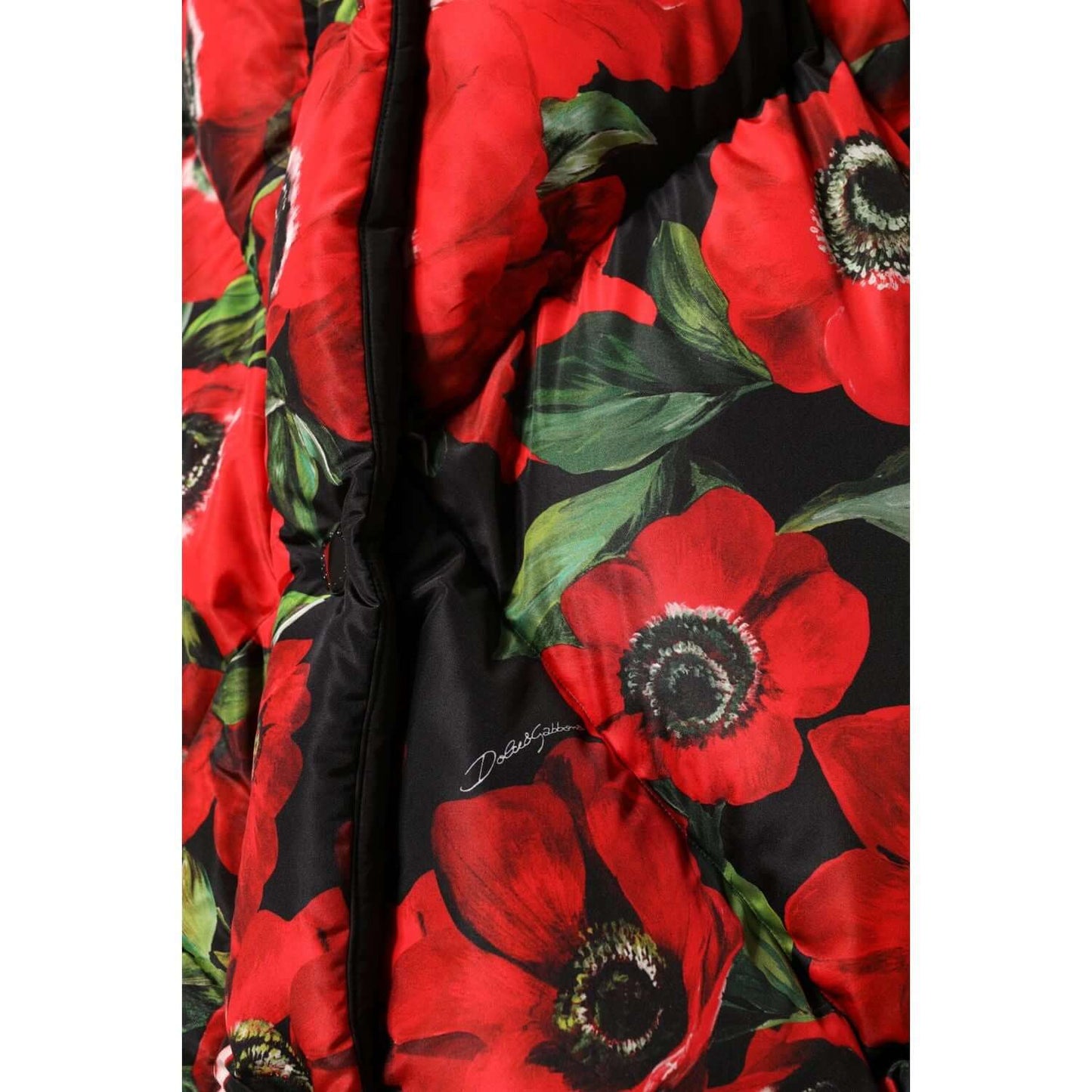 Dolce & Gabbana multicolor floral padded jacket with red poppy design, full zip, 100% polyester, luxury Italian craftsmanship.