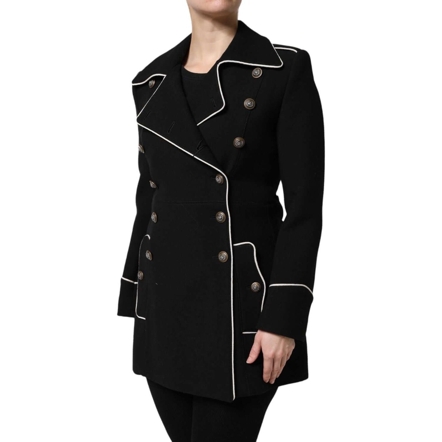 Dolce & Gabbana black wool double breasted blazer jacket with button closure, long sleeves, and logo details.