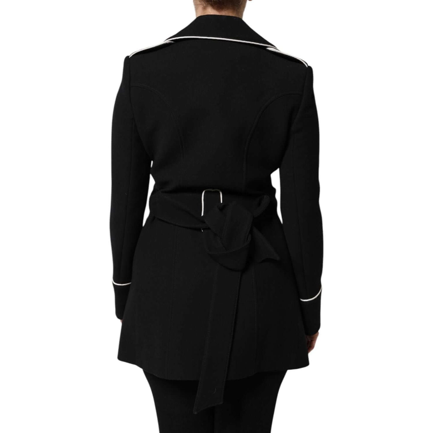 Back view of Dolce & Gabbana black wool double breasted blazer jacket with belt detail, made in Italy, high craftsmanship.