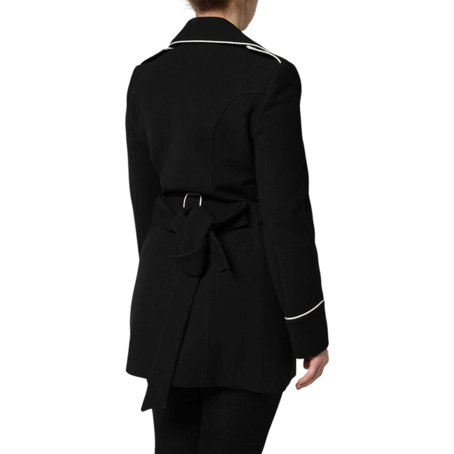 Back view of Dolce & Gabbana black wool double breasted blazer jacket with white piping and belt detailing.