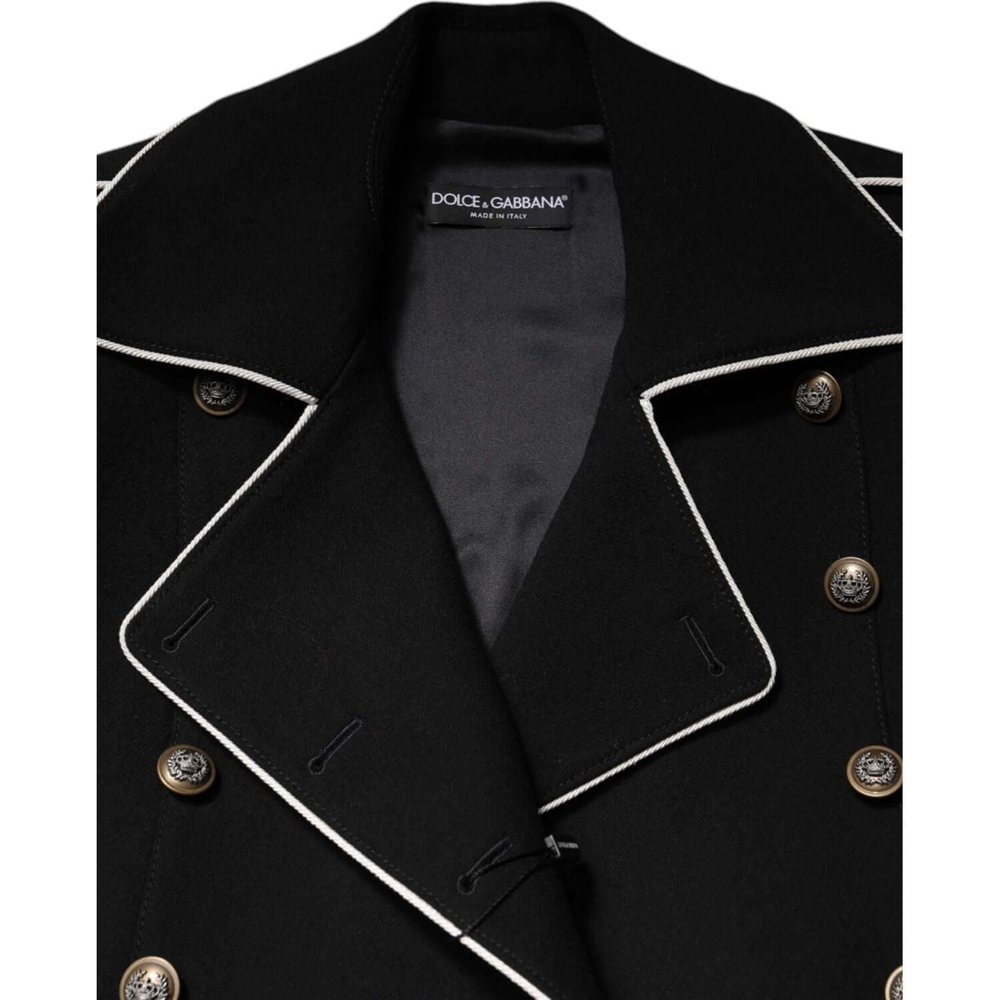Dolce & Gabbana black wool double breasted blazer jacket with button closure, elegant Italian craftsmanship, logo detail visible.