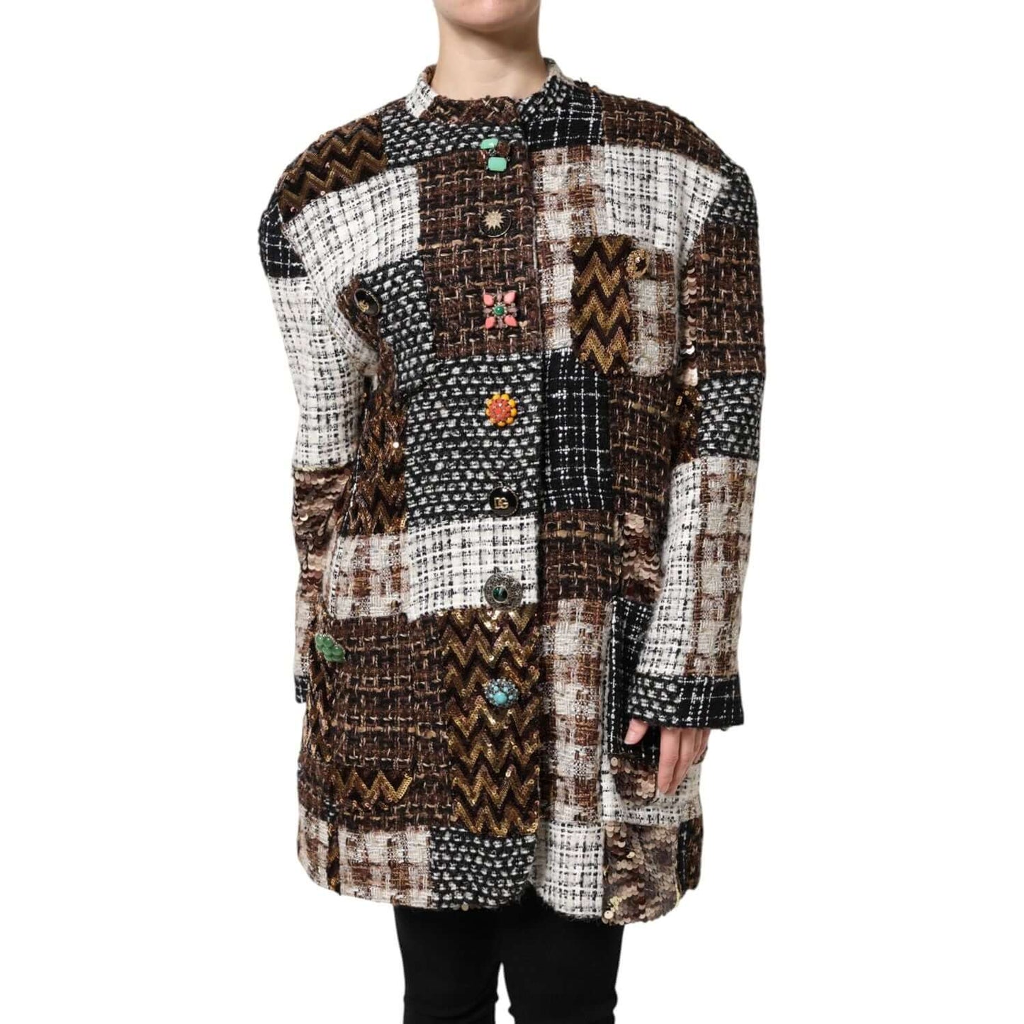 Dolce & Gabbana multicolor patchwork button down jacket, long sleeves, high-end craftsmanship, made in Italy, luxurious fabric blend.