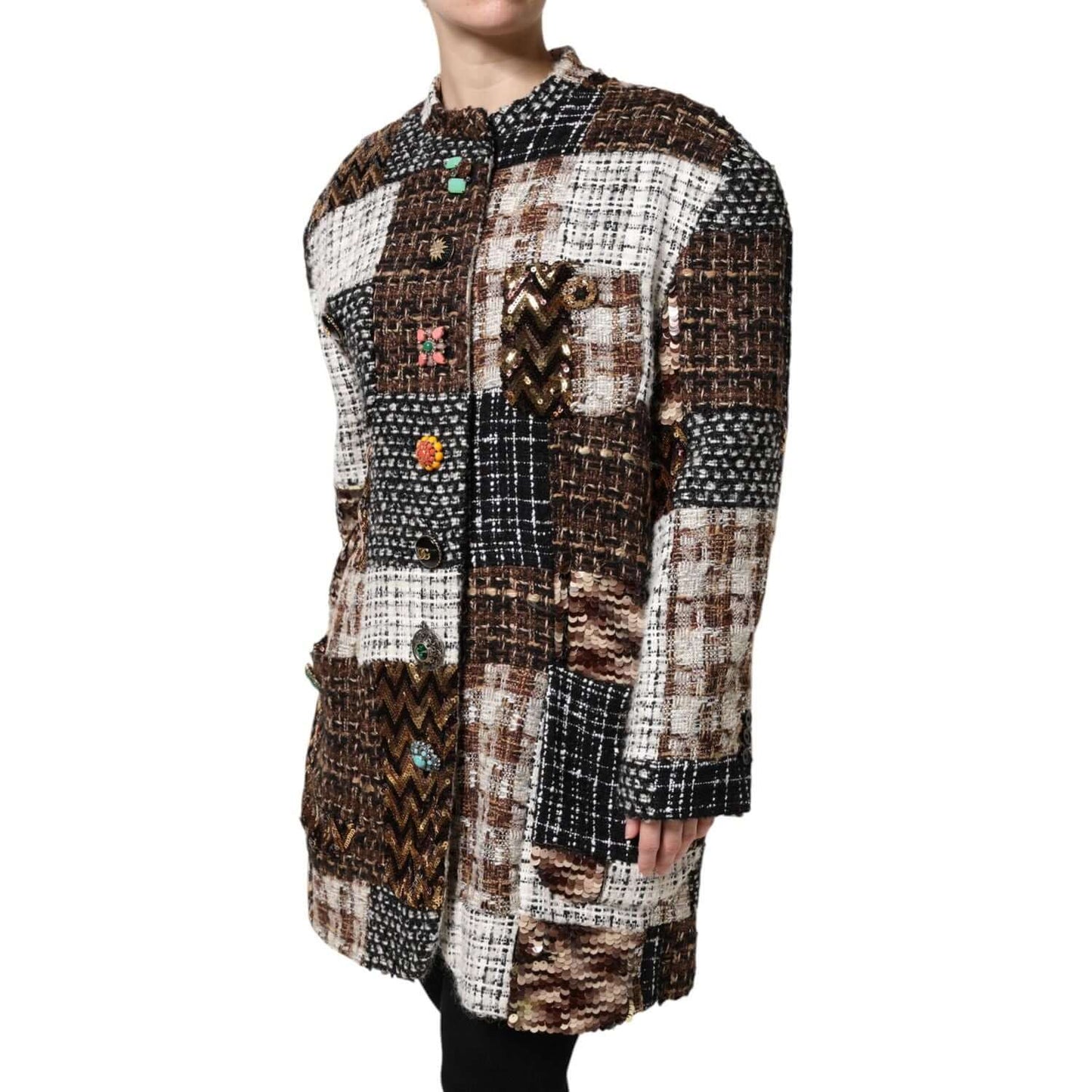 Dolce & Gabbana multicolor patchwork button-down jacket, long sleeves, high craftsmanship, luxury fashion.