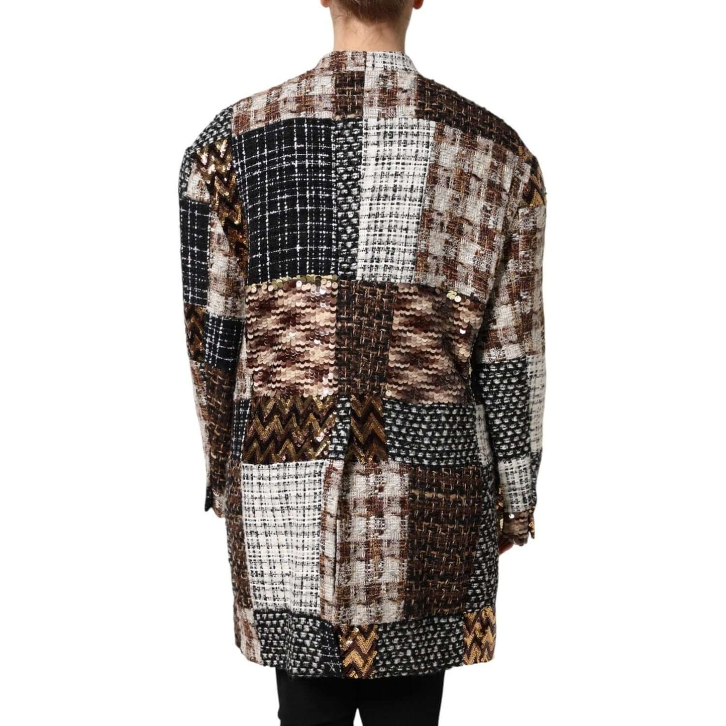 Back view of Dolce & Gabbana multicolor patchwork button-down jacket, showing intricate patterns and textures, made in Italy.
