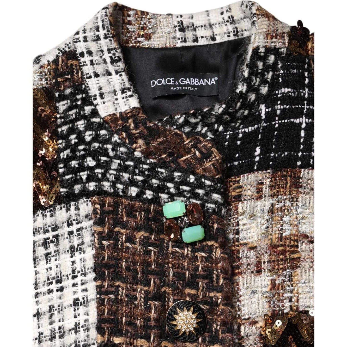 Dolce & Gabbana multicolor patchwork jacket with button detail, logo, and intricate design in nylon, cotton, and polyester blend.
