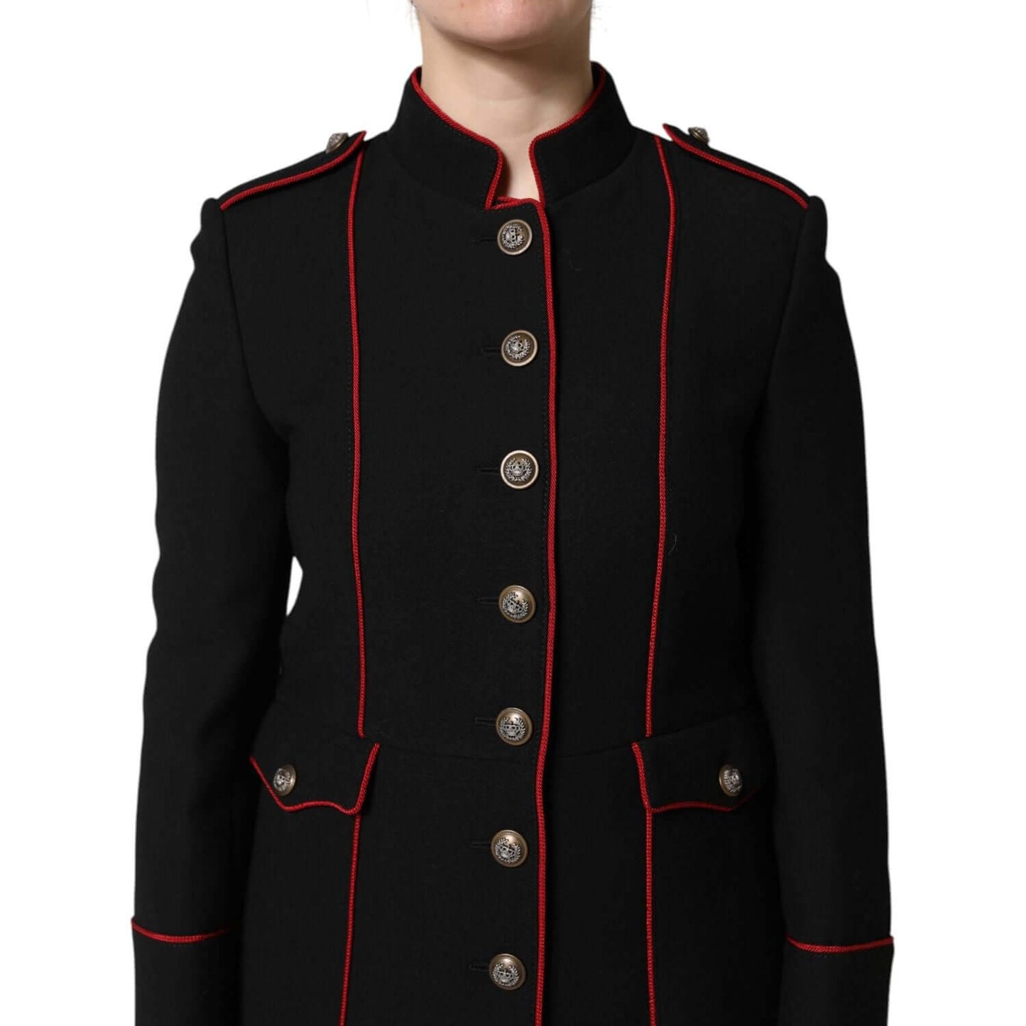 Dolce & Gabbana black wool single breasted trench coat with red trim and silver buttons, front view.
