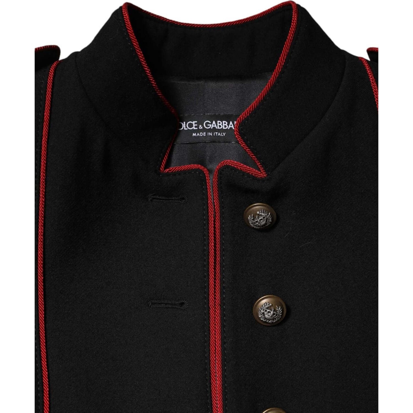 Dolce & Gabbana black wool trench coat with red trim and button details, made in Italy, single-breasted design for men.