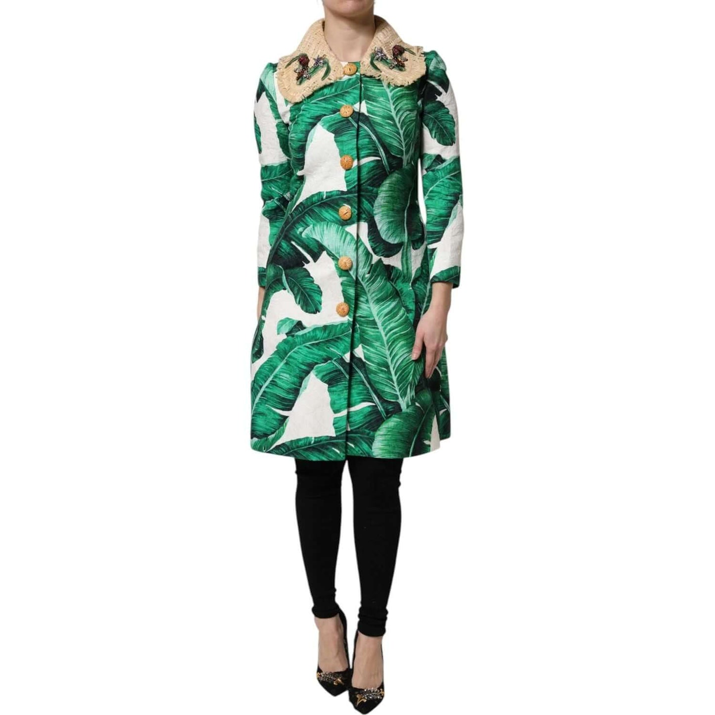 Dolce & Gabbana multicolor leaf print trench coat jacket with button closure and embellishments.