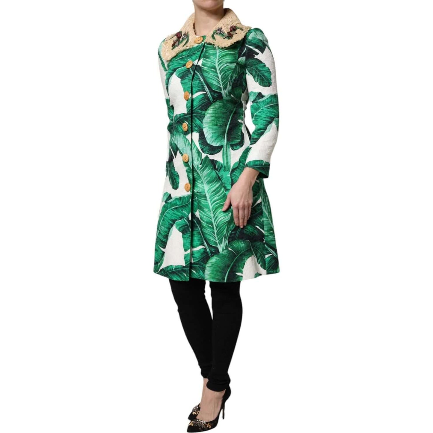 Dolce & Gabbana multicolor leaf print trenchcoat jacket with embellished collar, featuring button closure and high craftsmanship.