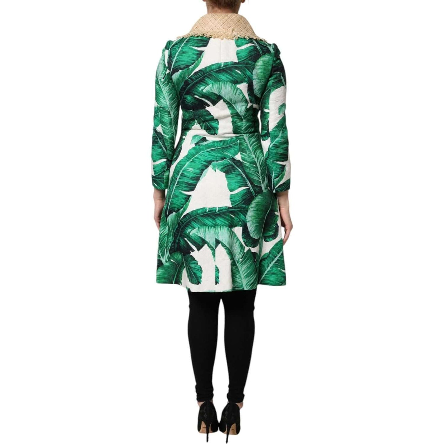Dolce & Gabbana multicolor leaf print trenchcoat jacket, back view, featuring bold green leaves and exclusive Italian craftsmanship.