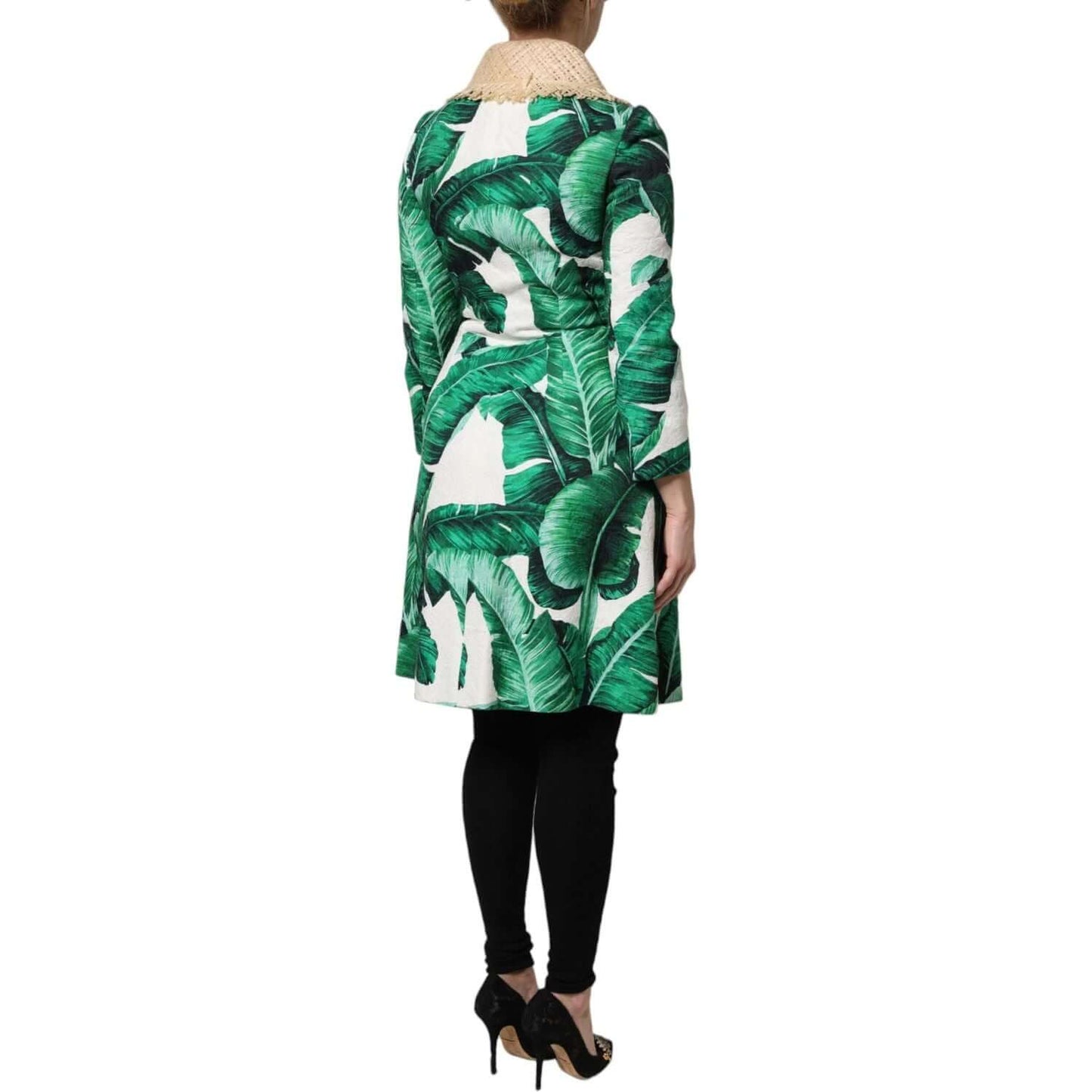 Dolce & Gabbana multicolor leaf print trench coat with embellished details, rear view, showcasing luxury fashion craftsmanship.