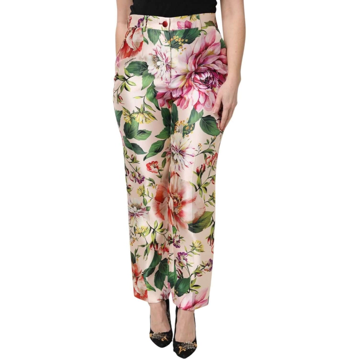 Dolce & Gabbana multicolor floral high waist straight pants, silk blend, vibrant flower print, exclusive craftsmanship.