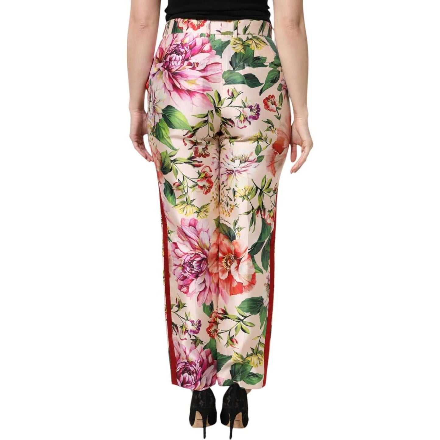 Dolce & Gabbana multicolor floral high waist straight pants in silk, back view.