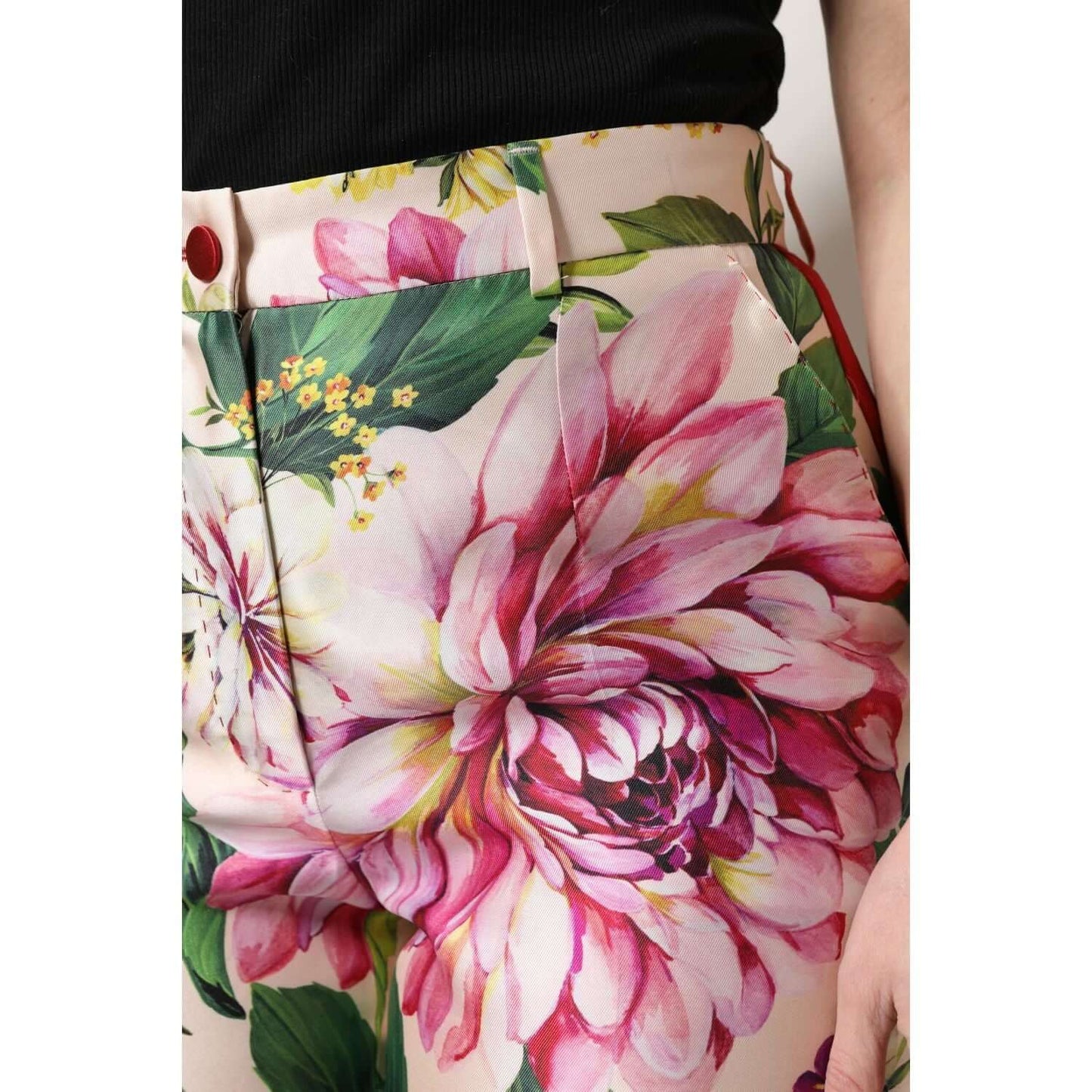 Dolce & Gabbana multicolor floral high waist straight pants, close-up of vibrant silk fabric with button and zipper detail.