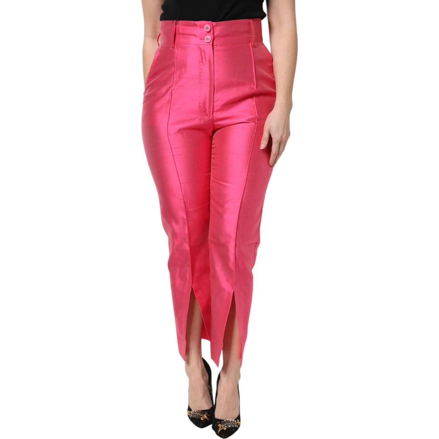 Dolce & Gabbana pink silk high waist tapered pants with slit, zipper and button closure, exclusive Italian craftsmanship.