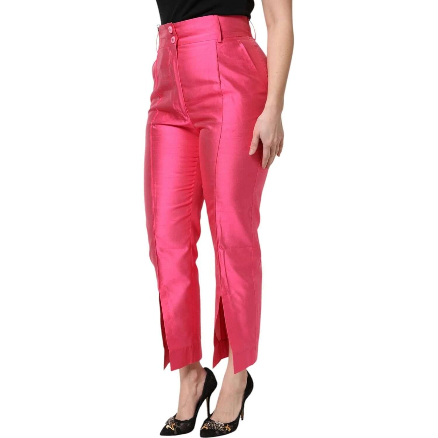 Dolce & Gabbana pink silk high waist tapered pants with slit, zipper and button closure, made in Italy, luxury craftsmanship.