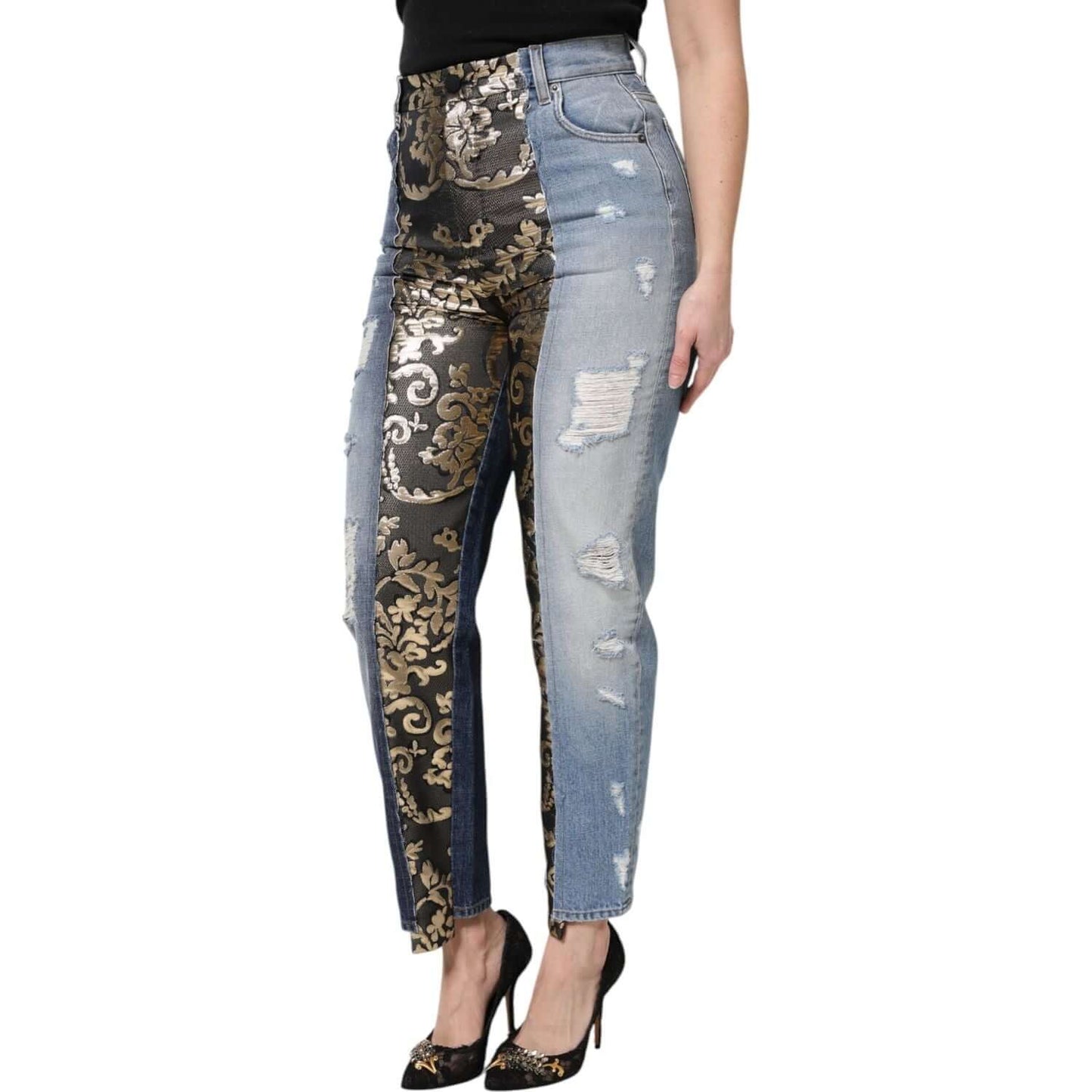 Dolce & Gabbana multicolor high waist denim jeans with floral jacquard patchwork, shown on model, featuring zipper and button closure.
