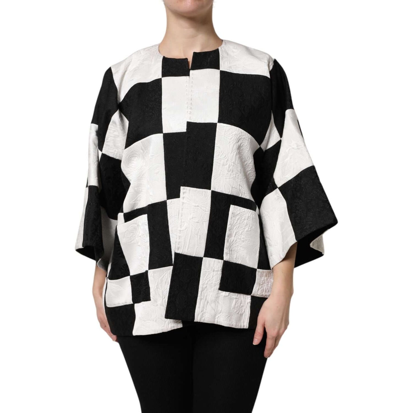 Dolce & Gabbana white and black patchwork jacquard blazer jacket, oversized fit, worn by model, front view.