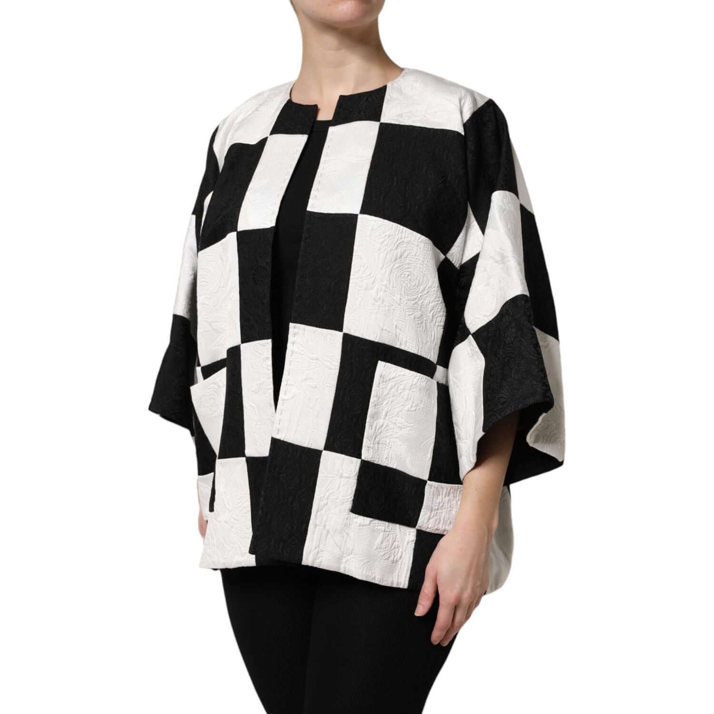Dolce & Gabbana black and white patchwork jacquard blazer jacket with oversized sleeves.
