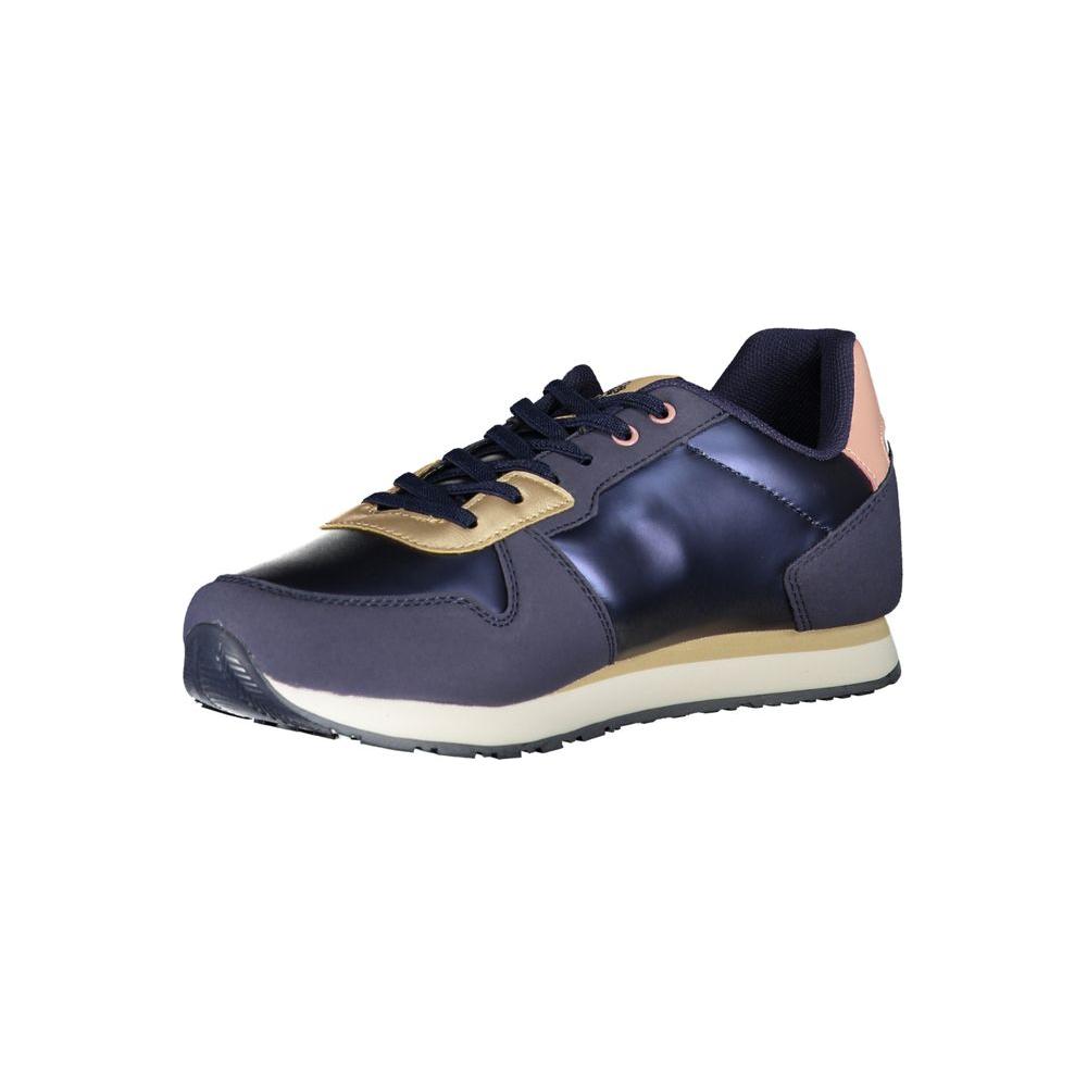U.S. POLO ASSN. blue polyester sneaker with lace-up design, contrast details, print, and logo. Ideal sports footwear.