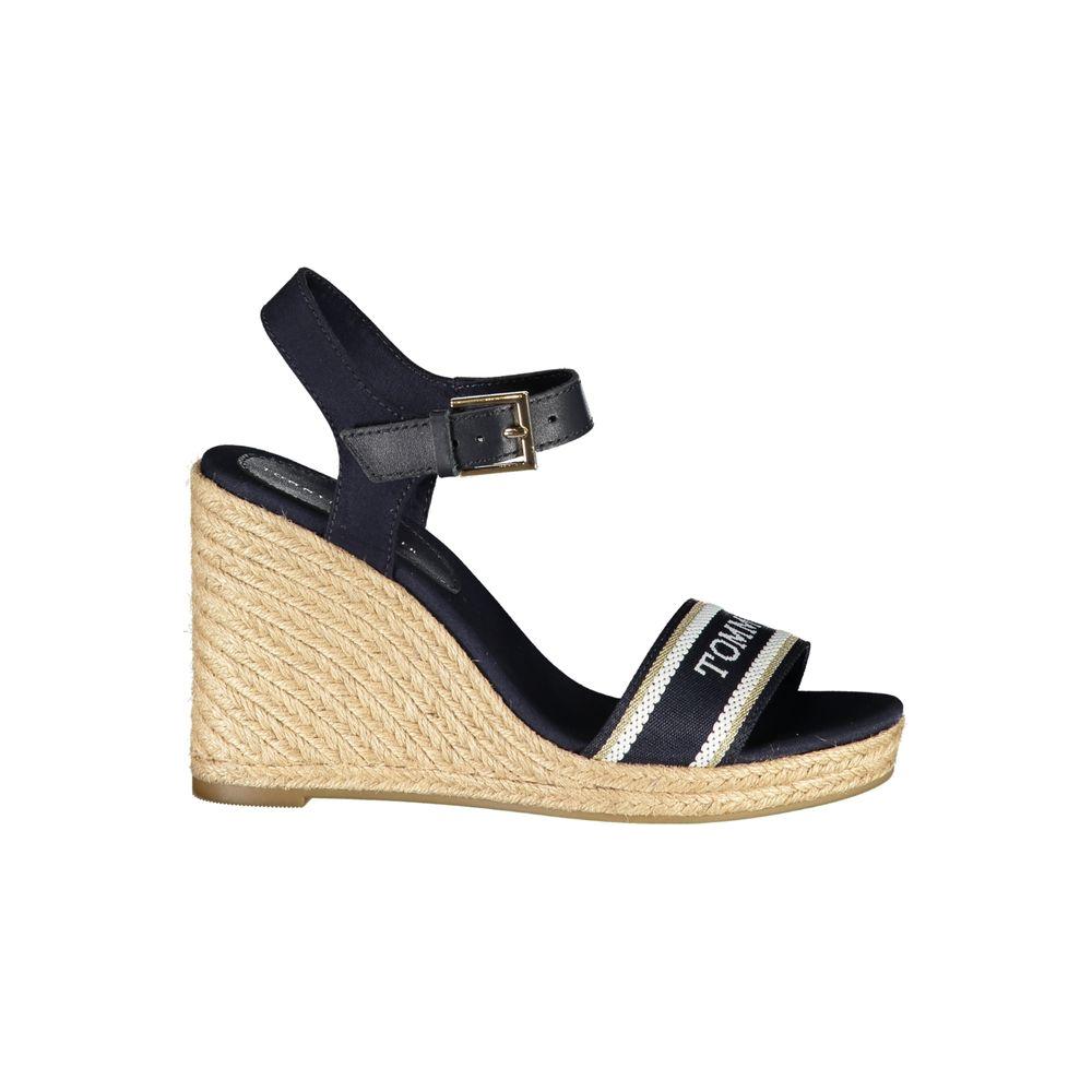 Tommy Hilfiger blue polyester sandal with 11 cm wedge, ankle buckle strap, contrast details, and logo embroidery on the strap.