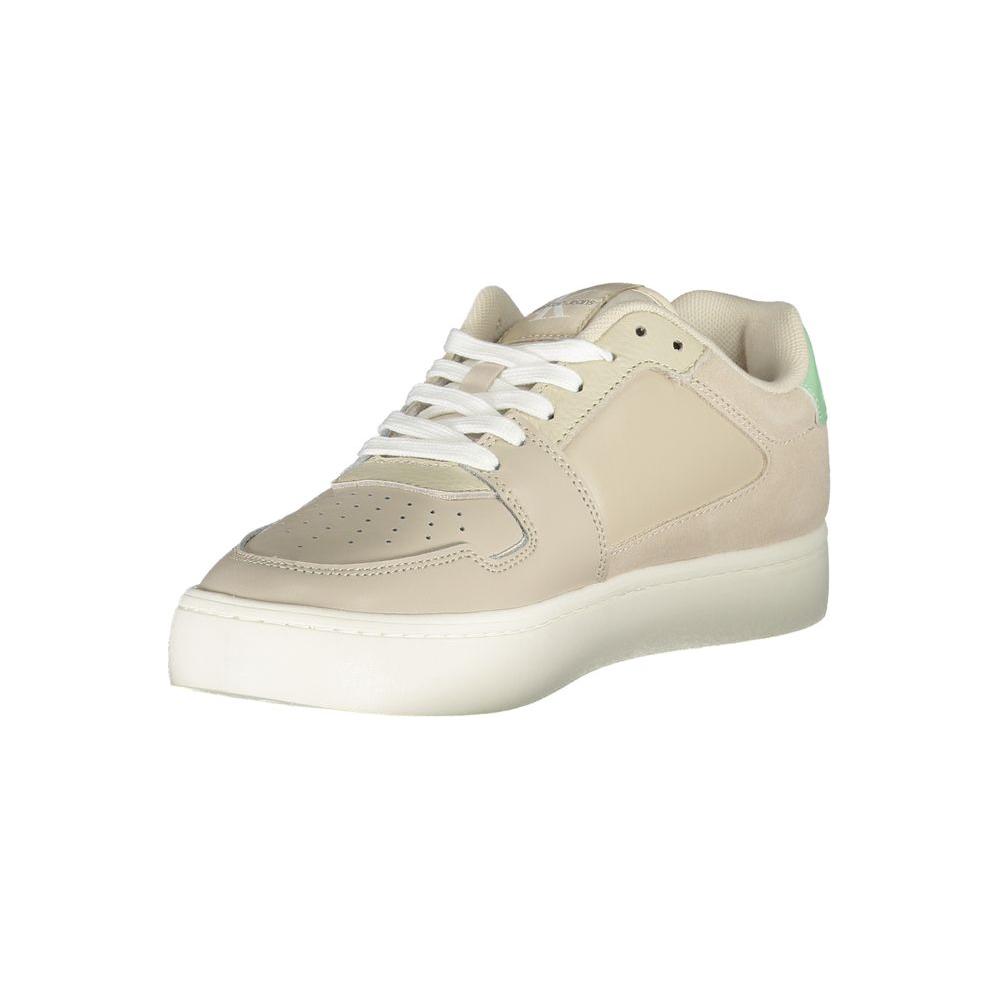 Calvin Klein beige polyester sneaker with laces, contrast details, and logo, made from 50% recycled thermoplastic rubber.