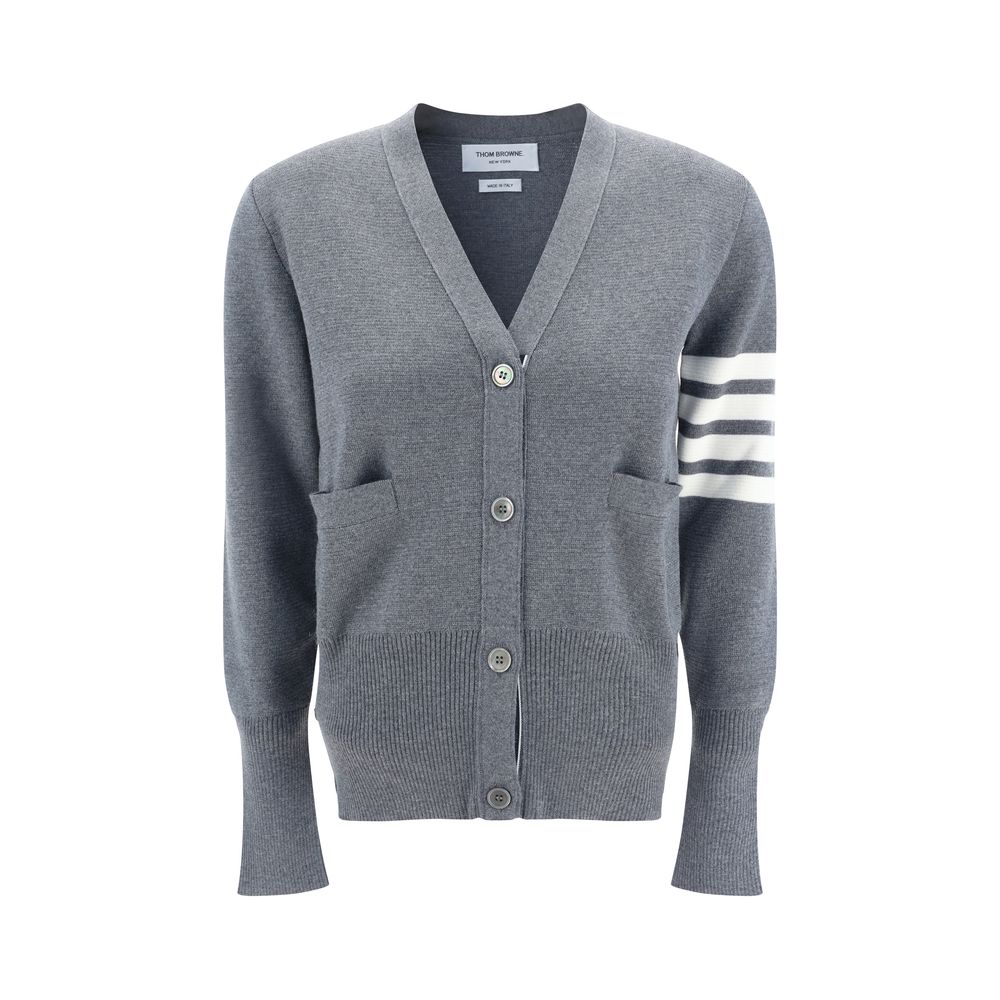 Thom Browne Gray Fleece Wool Cardigan with contrasting button front, open pockets, V-neck, and signature brand bands on sleeve