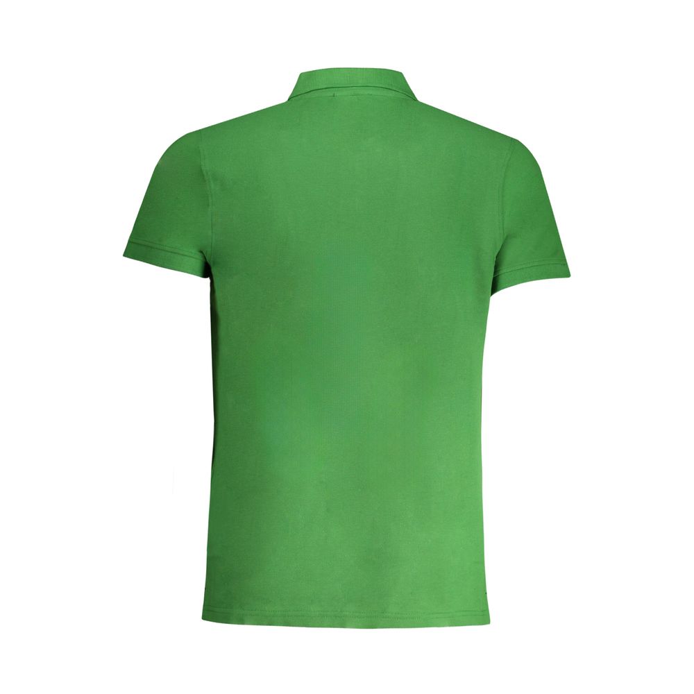 Cavalli Class Green Cotton Polo Shirt, short-sleeved, featuring buttons, print, and logo. Back view of stylish designer apparel.
