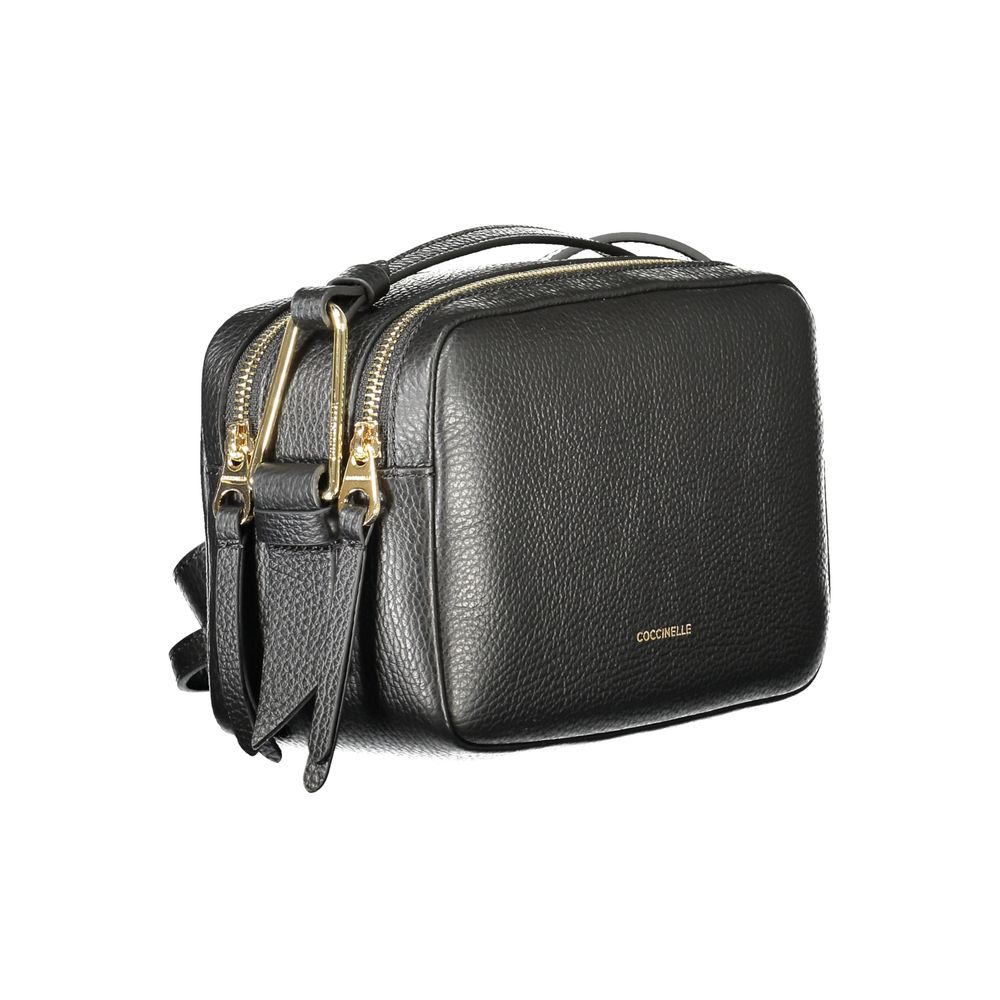 Coccinelle Black Leather Handbag with adjustable shoulder strap, two compartments, and zip closure.