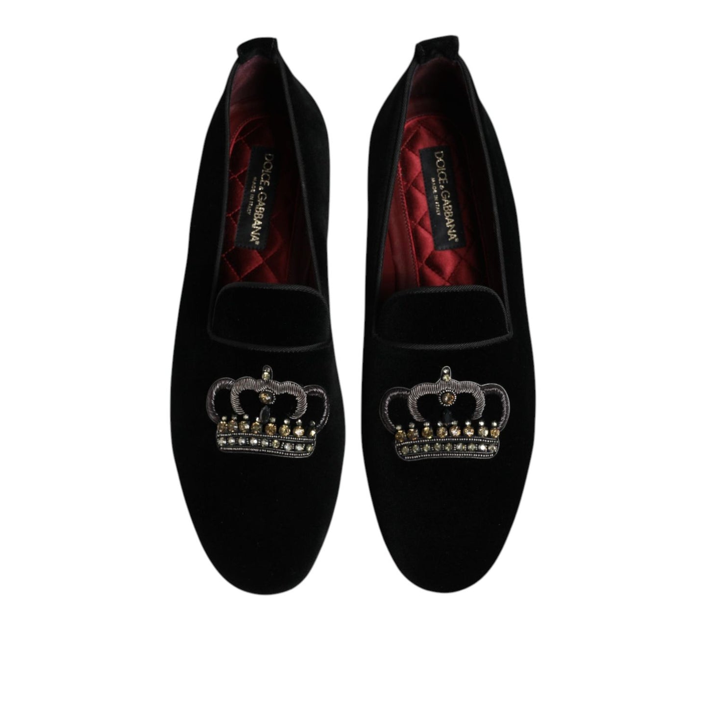 Dolce & Gabbana Black Velvet Crystal Crown Loafers Dress Shoes