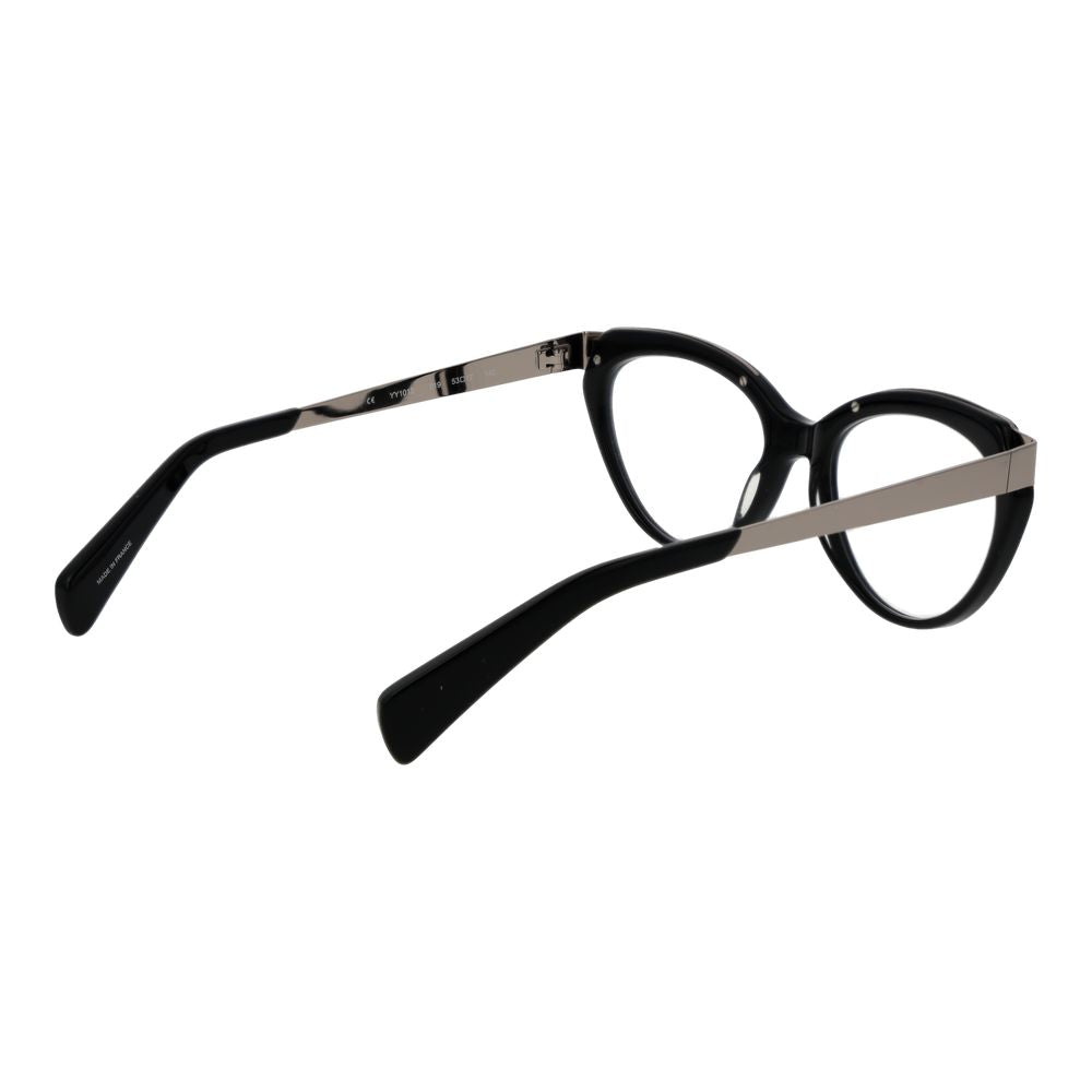 Yohji Yamamoto Black Unisex Glasses Frame in acetate, full-rim cat eye style with demo lenses, size 53-17-140, includes branded soft case.