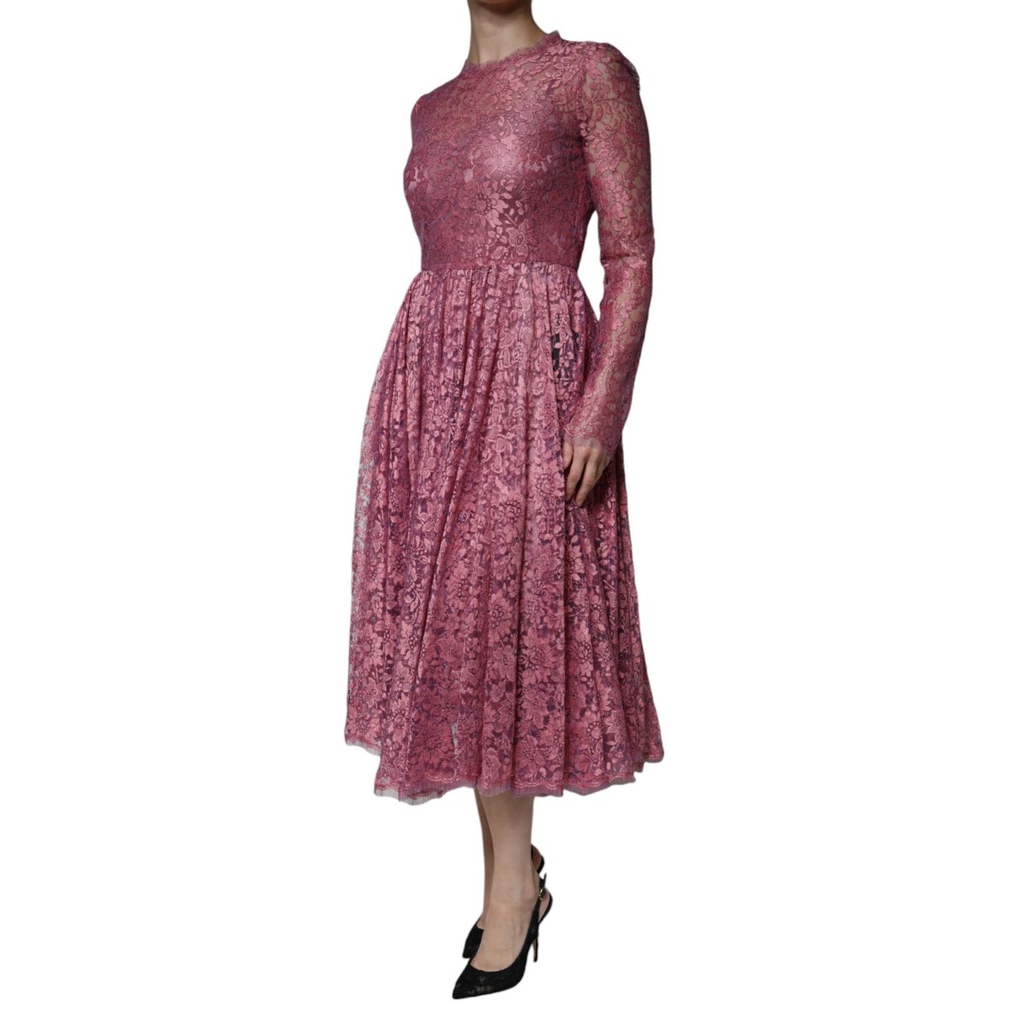 Dolce & Gabbana Pink Floral Lace Long Sleeve Midi Dress DR81764-48