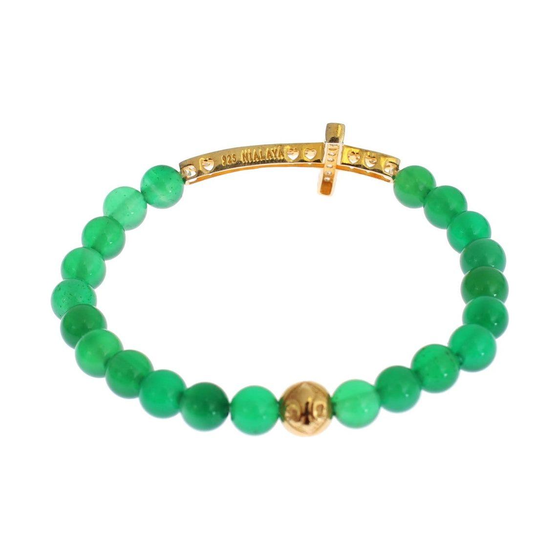 Nialaya Jade Stone Gold CZ Cross 925 Silver Bracelet SIG19015-3