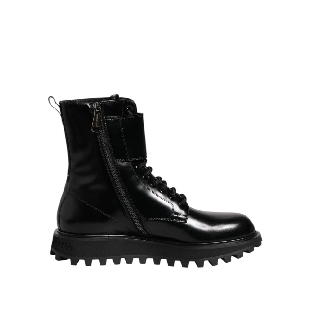 Dolce & Gabbana Black Leather Lace Up Mid Calf Boots Shoes MV7735-42