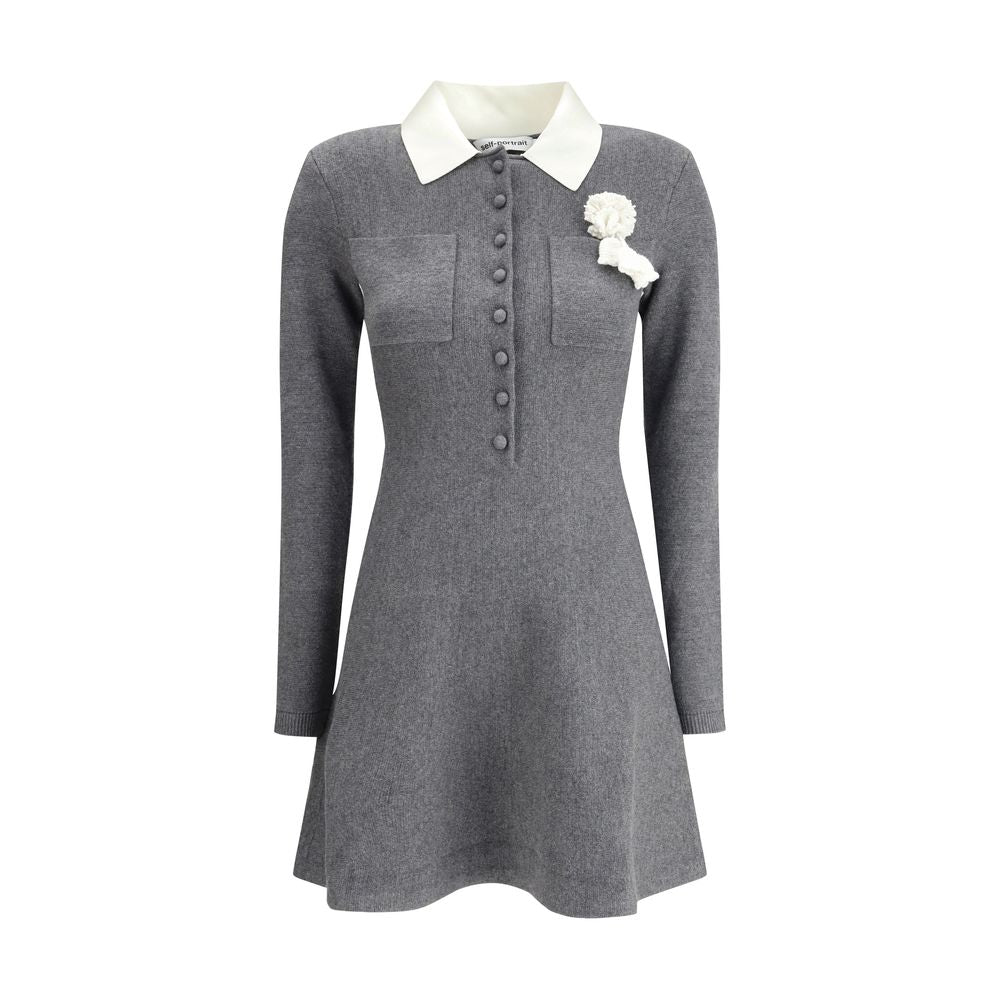 Self-Portrait Mini knit Dress with crochet floral collar SE-AW25010SAGRGREY-XS