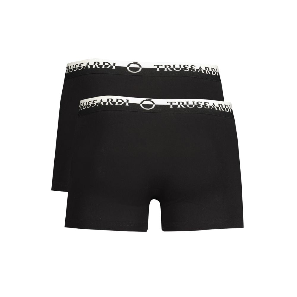 Trussardi Black Cotton Underwear, bi-pack boxer with elastic waist and printed logo, front view.