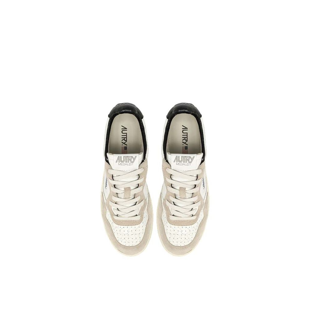 Top view of Autry White Goatskin Low Top Sneakers with suede detail and embroidered logo on rubber sole.