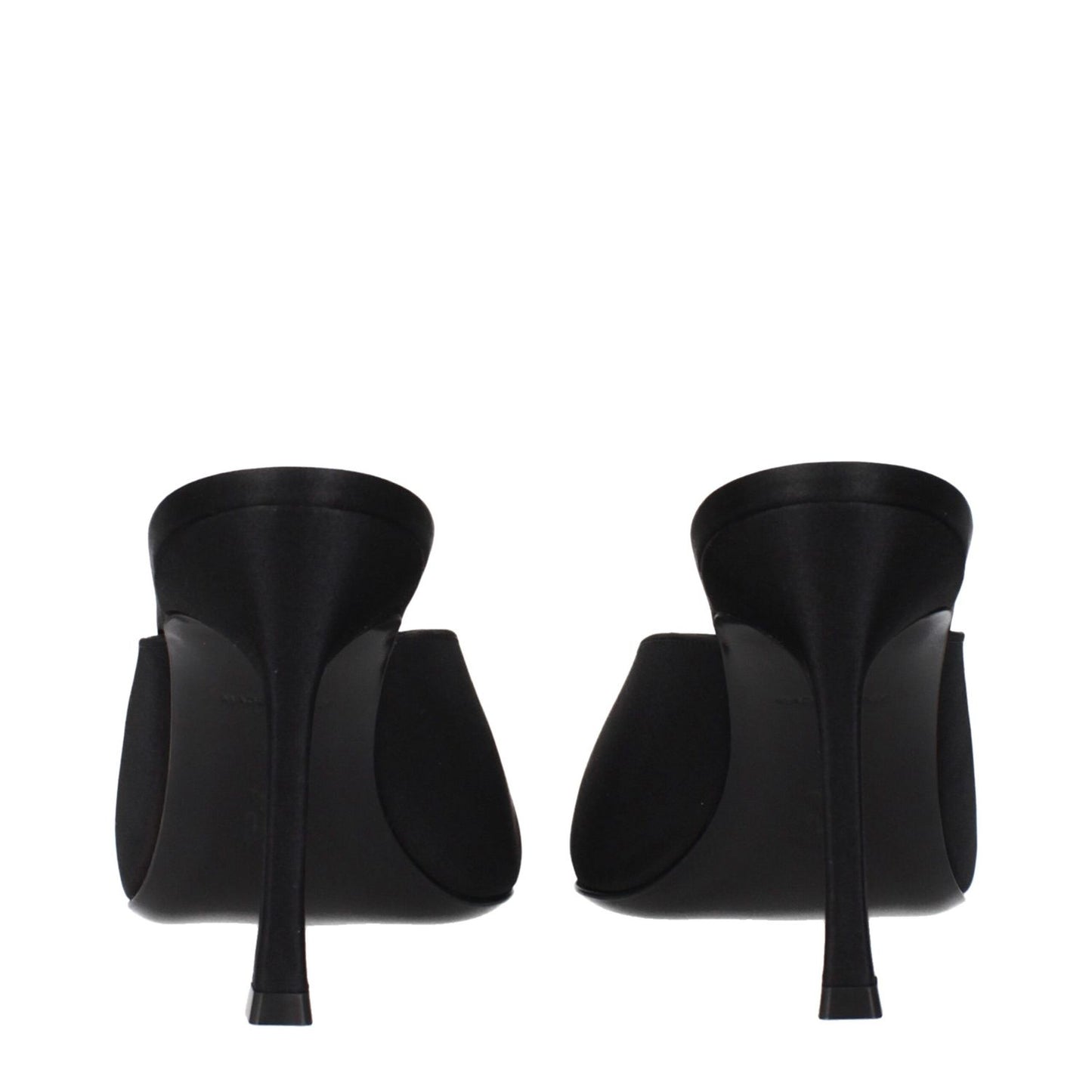 Back view of Amina Muaddi Black Satin High Heel Pumps with front detail and rhinestones, stylish satin sandals with MPN CAMELIAMULE90SATINBLACK.