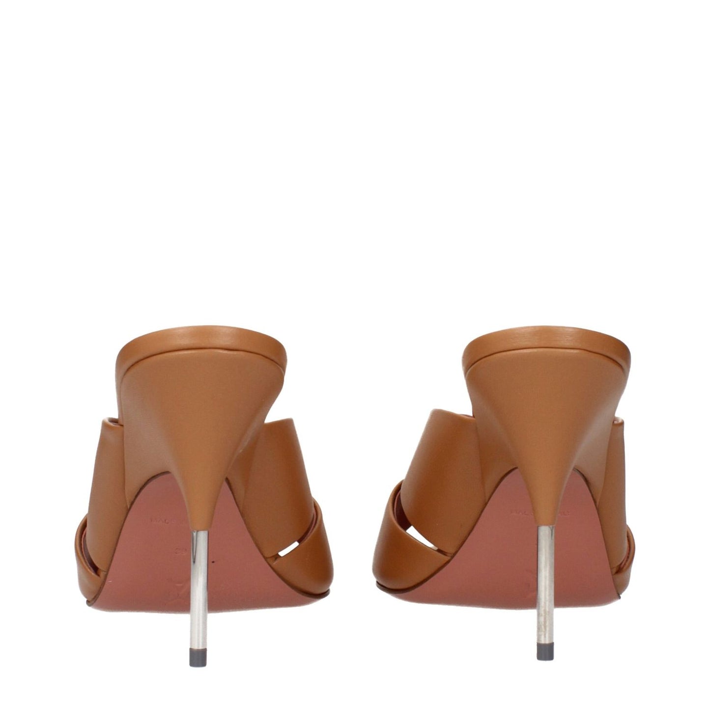 Back view of Amina Muaddi Brown Leather Stiletto Heel Sandals with slender stilettos and brown leather straps.