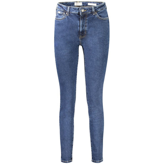 Guess Jeans Blue Cotton Women Jeans with chic washed effect and iconic Guess logo, featuring a skinny mid-style and 5-pocket design.