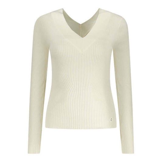 Guess Jeans White Viscose Sweater - Long-sleeved V-neck with contrasting details and logo design