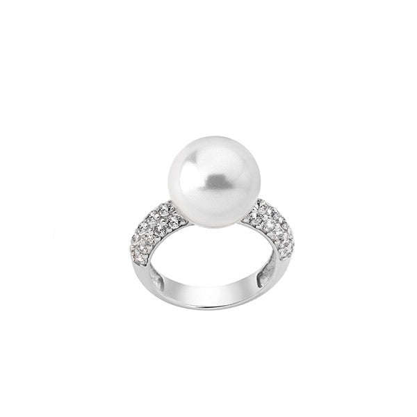 Elegant silver ring with a large pearl, MAJORICA JEWELRY Mod. 15613.01.2.913.010.1, featuring a sparkling crystal band.