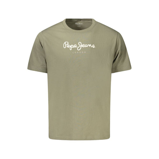 Pepe Jeans Green Cotton Men T-Shirt, sustainable short sleeve with crew neck and logo print, fashion-forward casual wear.