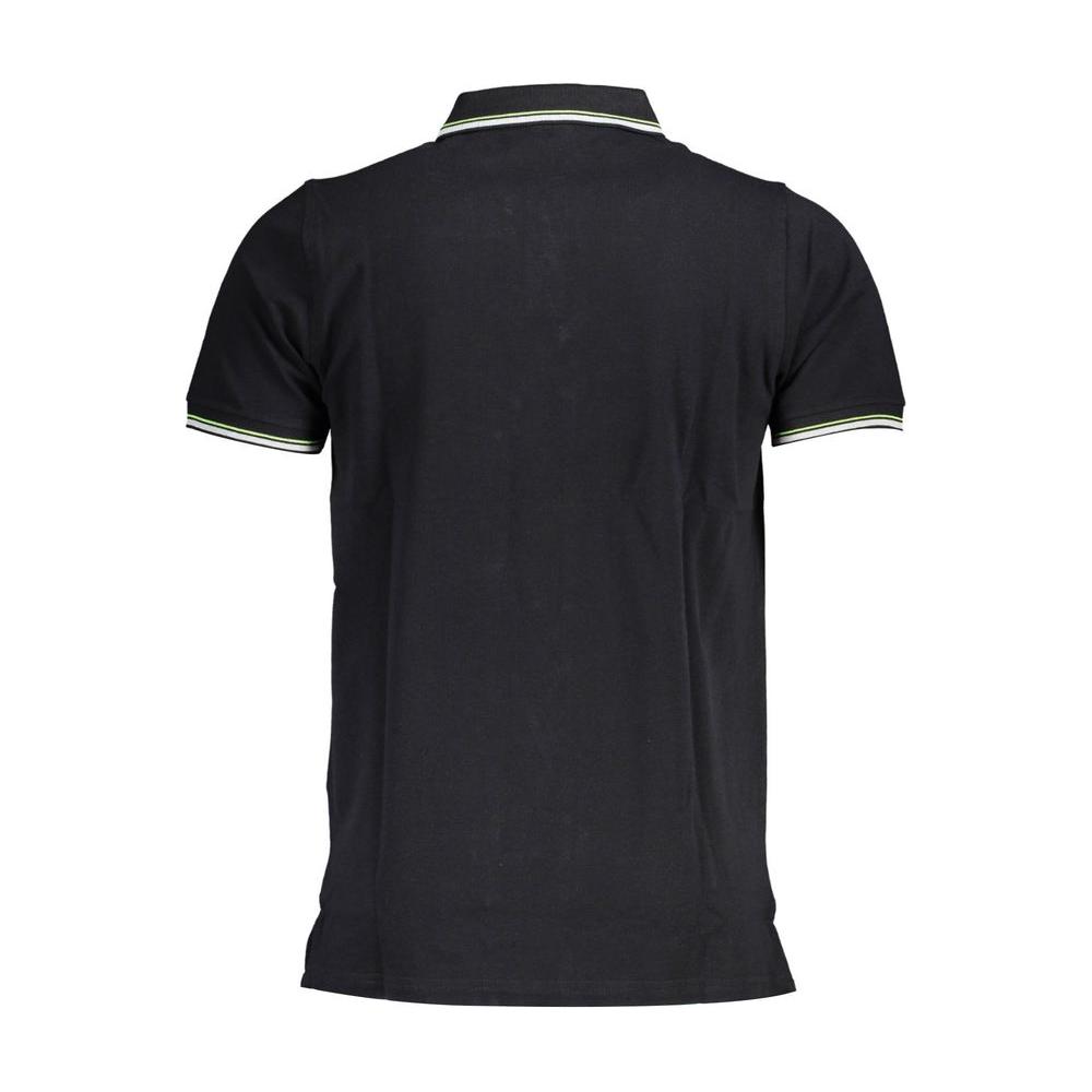 Back view of Norway 1963 black cotton men's polo shirt with short sleeves, contrasting details, and signature logo applique.
