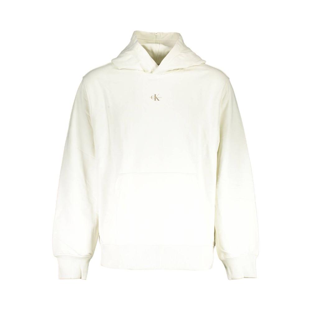 Calvin Klein white cotton men's sweater with logo, hood, and central pocket, offering comfort and style.