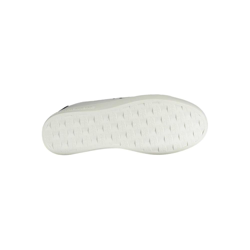 Sole view of Calvin Klein white recycled polyester men's sneaker, showcasing tread pattern and eco-friendly design.