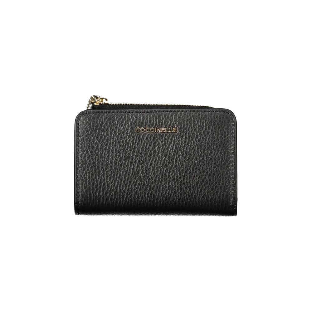 Coccinelle black leather women's wallet with zip closure, featuring chic design and spacious compartments for cards and coins.