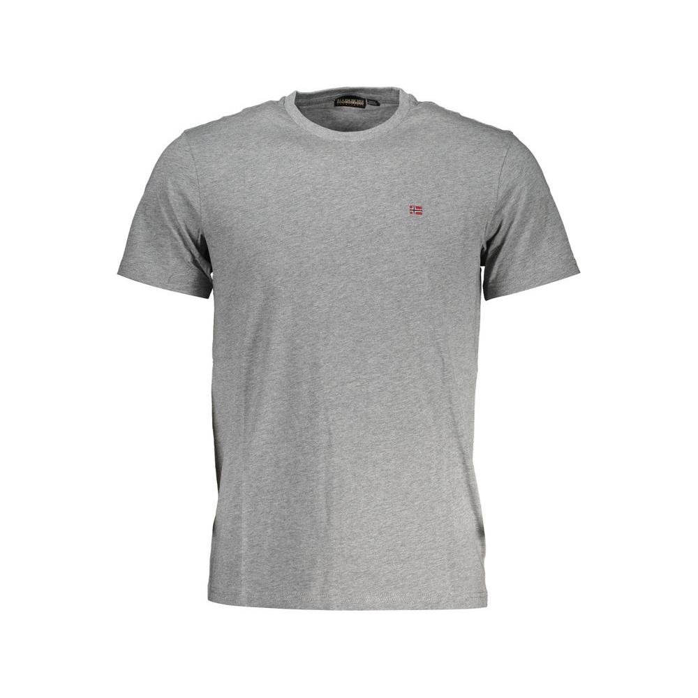 Napapijri grey short sleeve men's T-shirt with logo emblem, showcasing casual and minimalist design for refined everyday style.