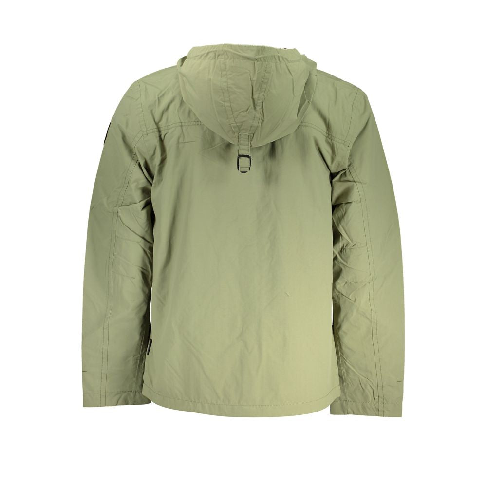 Napapijri green polyester jacket with hood, long sleeves, waterproof, zip closure, two pockets, contrast details, and logo on back.