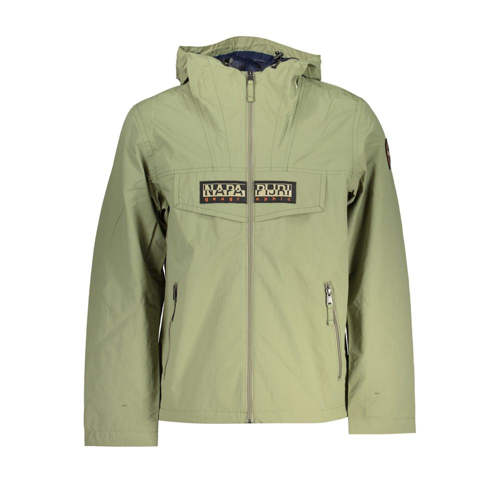 Napapijri green polyester sports jacket with hood, waterproof design, zip closure, two pockets, contrast details, and logo.